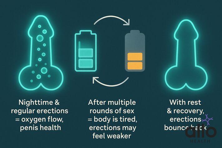 Infographic showing erections and penis health as a battery cycle — full charge with regular erections, half-charge after too much sex, and full recovery with rest. on "can too much sex cause erectile dysfunction"