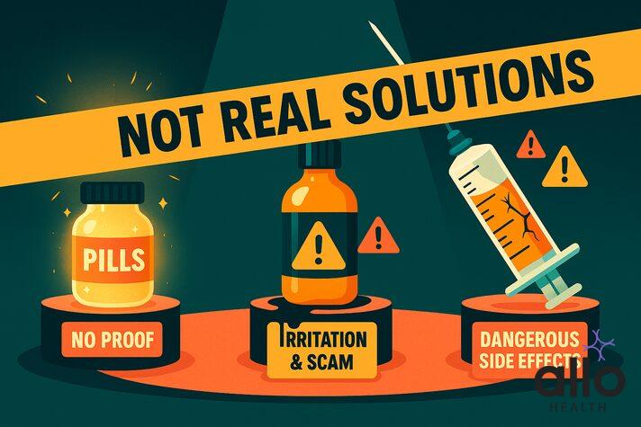 Infographic showing unsafe methods with pills, oil, and syringe — fake ling bada karne ka mantra.