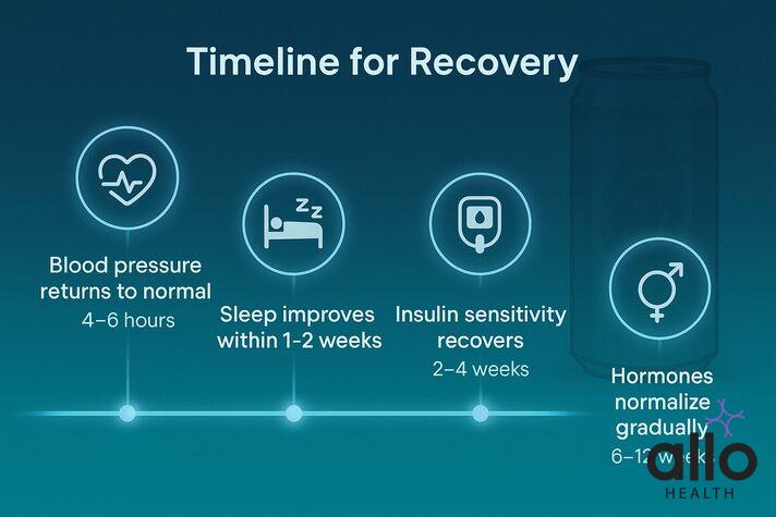 Recovery timeline showing how cutting energy drinks improves blood pressure, sleep, metabolism, and hormone balance.