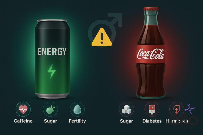 Comparison infographic showing an energy drink can and a Coca-Cola bottle with icons for caffeine, sugar, fertility, diabetes, and hormones, highlighting how can Monster energy drinks cause erectile dysfunction and how Coca Cola and erectile dysfunction risks are linked through sugar, stimulants, and metabolic health.