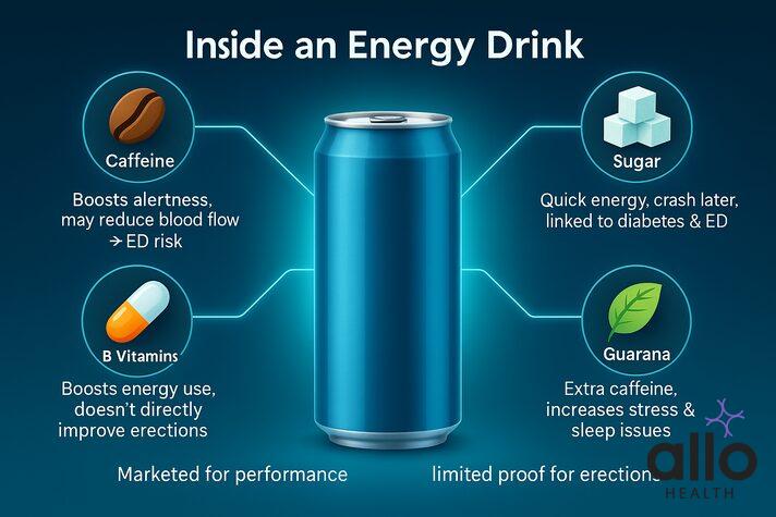 Can energy drink cause erectile dysfunction? Inside an energy drink infographic showing caffeine, sugar, taurine, guarana, and B vitamins linked to ED risk.
