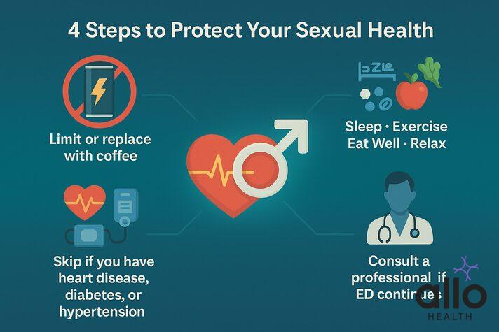 4 steps to protect sexual health: limit energy drinks, eat well, exercise, avoid risks, and consult a doctor.