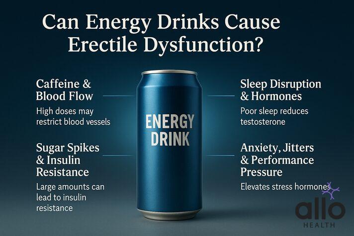 Can energy drink cause erectile dysfunction? Infographic showing effects on blood flow, sugar, sleep, and stress.