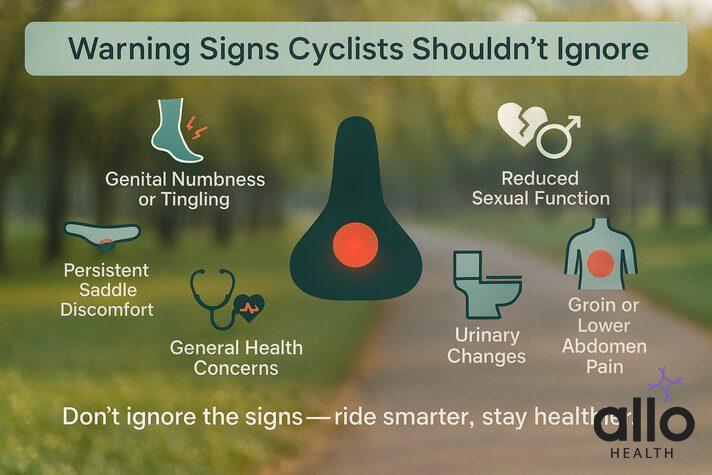 Infographic showing warning signs for cyclists, explaining how bike seats to prevent erectile dysfunction can reduce risks like numbness, pain, and urinary changes.
