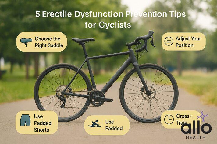 Infographic with a central bicycle and five prevention tips, explaining how using bike seats to prevent erectile dysfunction along with posture and training can protect sexual health.