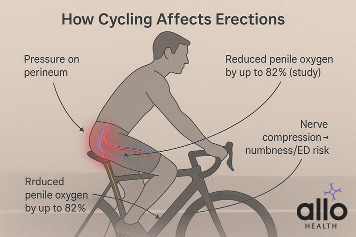Educational infographic showing how bike seats to prevent erectile dysfunction work by reducing perineum pressure, nerve compression, and oxygen loss in the penis.