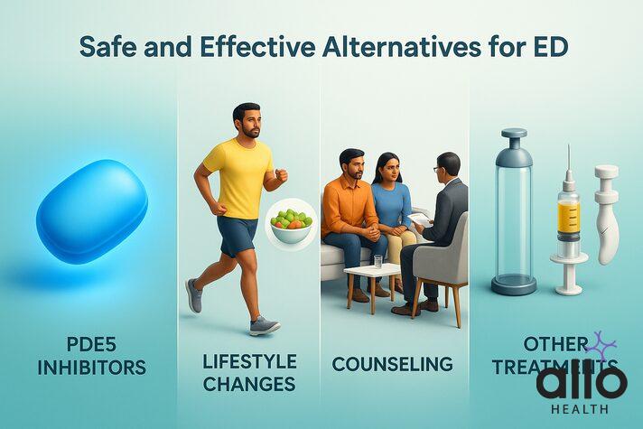 3D infographic with pills, lifestyle icons, therapy, and medical devices showing alternatives to lidocaine for erectile dysfunction treatment.