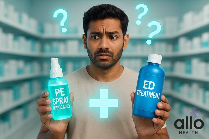 Indian man holding two bottles, confused between PE spray and ED treatment, highlighting misconceptions about lidocaine for erectile dysfunction.