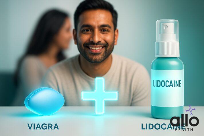Viagra pill and lidocaine spray with plus sign, showing combination therapy when premature ejaculation overlaps with erectile dysfunction.
