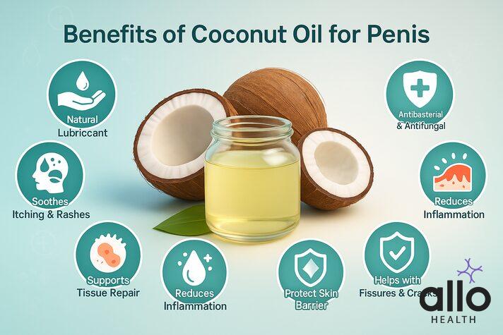 Educational infographic showing ling par nariyal ka tel kaise lagayein with benefits like natural lubricant, improves blood flow, soothes rashes, supports tissue repair, reduces inflammation, antibacterial and antifungal protection, skin barrier protection, and healing fissures.
