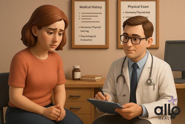 illustration of a doctor diagnosing female erectile dysfunction through history, medication review, physical tests, and psychological evaluation.
