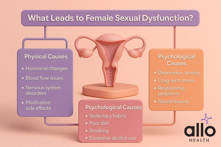 infographic on causes of female erectile dysfunction, highlighting physical factors like hormones and diabetes, psychological causes such as stress and trauma, and lifestyle habits like smoking and alcohol.