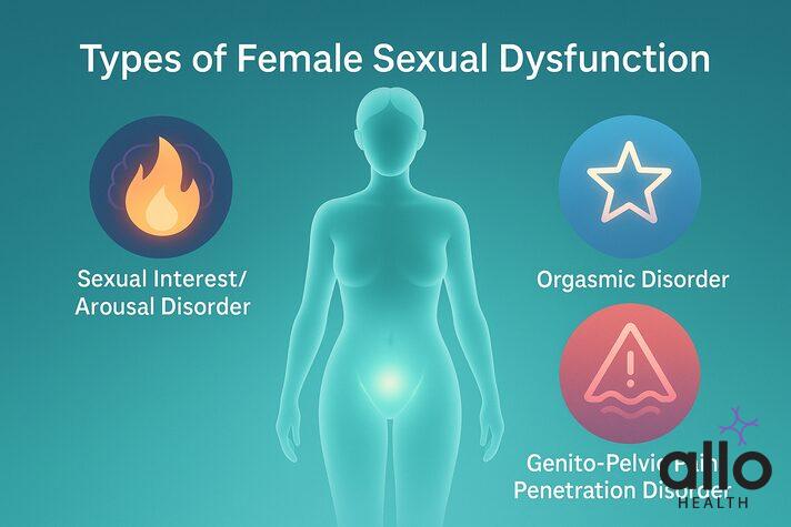 infographic showing types of female erectile dysfunction: arousal disorders, orgasmic disorder, and genito-pelvic pain disorders like dyspareunia, vaginismus, and vulvodynia.