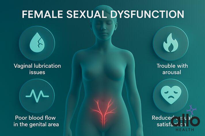 infographic illustrating symptoms of female erectile dysfunction, including trouble with arousal, poor genital blood flow, vaginal dryness, and reduced sexual satisfaction