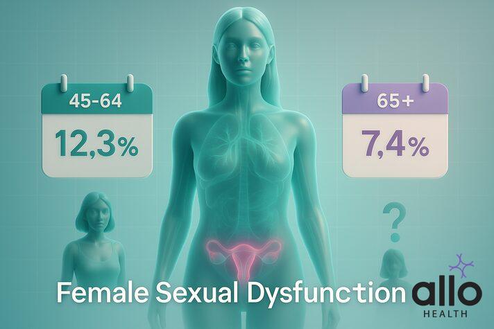 medical infographic showing prevalence of female erectile dysfunction, with 12.3% of women aged 45–64 and 7.4% of women over 65 affected, plus younger women often unrecognized.