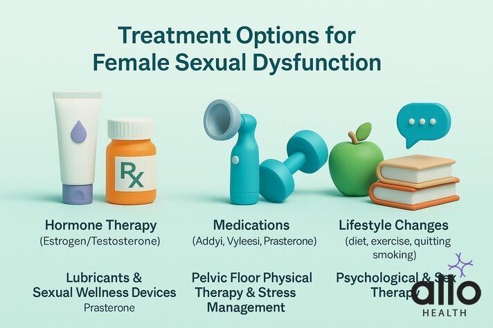infographic of treatment options for female erectile dysfunction, including hormone therapy, medications, lubricants and devices, lifestyle changes, pelvic floor therapy, and psychological counseling.