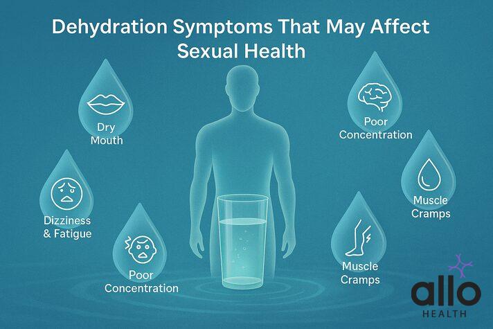 Infographic with a male silhouette surrounded by water droplets labeled dry mouth, dizziness, poor concentration, dark urine, and muscle cramps, highlighting symptoms linked to does dehydration cause erectile dysfunction.