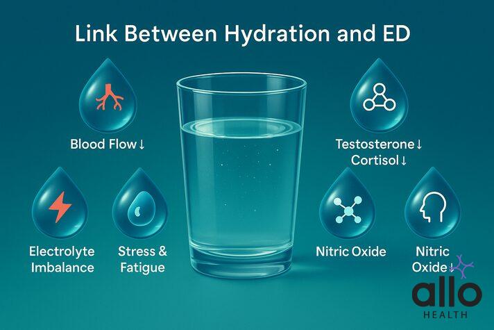 Infographic showing a glass of water with labeled droplets illustrating how dehydration affects erections — blood flow, hormones, nitric oxide, electrolytes, and stress — answering the question does dehydration cause erectile dysfunction.