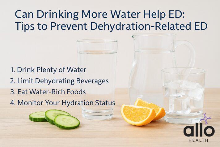 infographic with a glass of water, cucumber slices, and orange wedges showing hydration tips such as drinking water, limiting alcohol, eating water-rich foods, and monitoring urine color, related to does dehydration cause erectile dysfunction.
