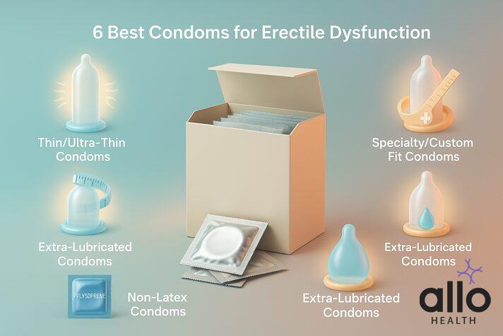 c infographic of 6 best condoms for erectile dysfunction including thin or ultra-thin, snug-fit, warming or stimulating, extra-lubricated, non-latex, and specialty/custom fit condoms