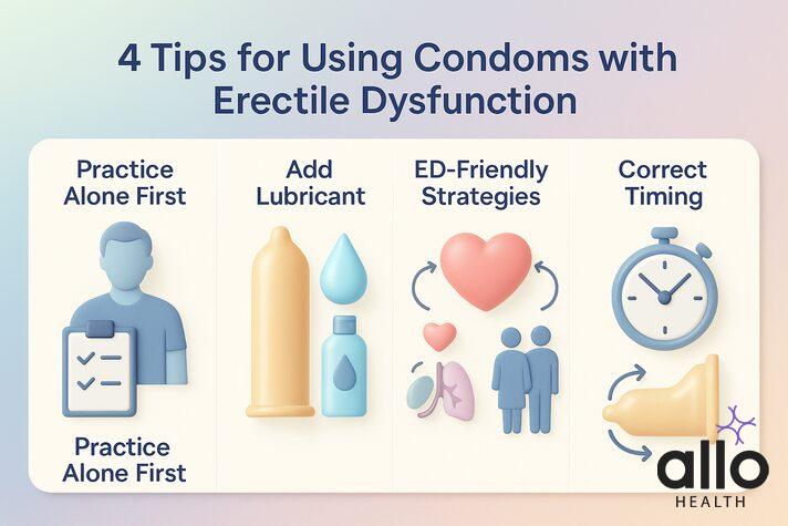 infographic showing 4 tips for using the best condoms for erectile dysfunction: practice alone first, add lubricant, ED-friendly strategies, and correct timing.