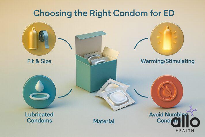infographic of the best condoms for erectile dysfunction with icons for fit and size, lubrication, warming or stimulating effects, material, and avoiding numbing condoms