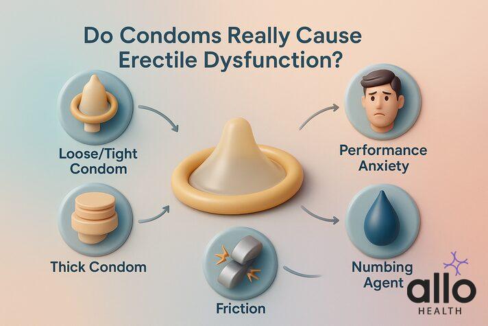 infographic showing factors linked to condom-associated erection problems and their effect on the best condoms for erectile dysfunction, including poor fit, thick condoms, performance anxiety, numbing agents, and friction