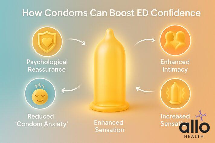 realistic infographic explaining how the best condoms for erectile dysfunction improve confidence with benefits like psychological reassurance, enhanced intimacy, reduced condom anxiety, and increased sensation