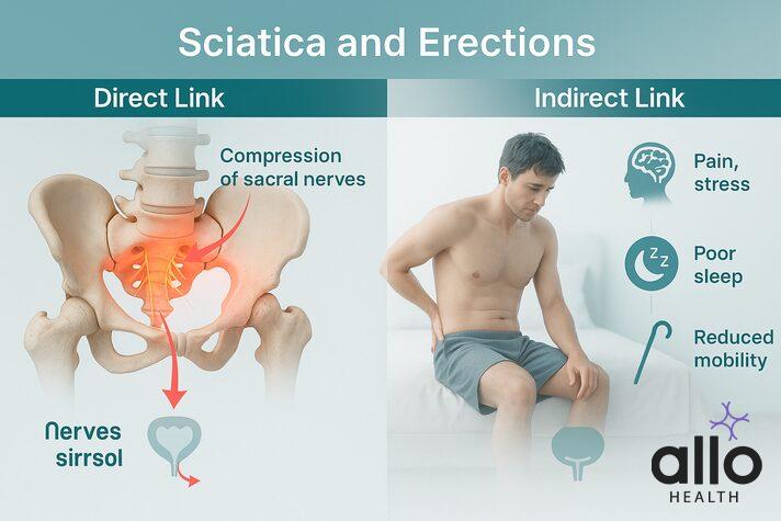 Can Sciatica Cause Erectile Dysfunction? Nerve Pain and Sexual Health 1 Infographic comparing direct nerve compression and indirect effects like stress, poor sleep, and reduced mobility on erections, illustrating can sciatica cause erectile dysfunction.