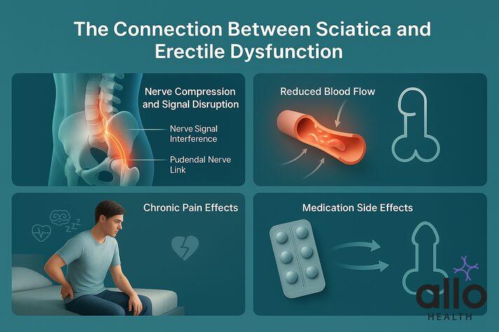 Can Sciatica Cause Erectile Dysfunction? Nerve Pain and Sexual Health 3 infographic showing how sciatica affects erections through nerve compression, reduced blood flow, chronic pain, and medication side effects, answering can sciatica cause erectile dysfunction.