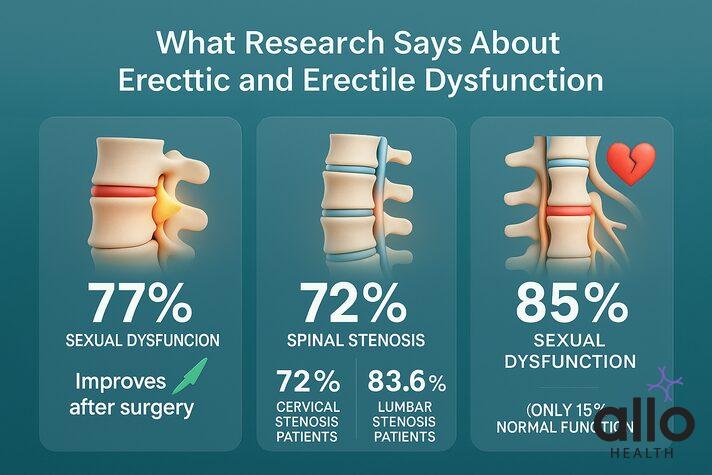 Can Sciatica Cause Erectile Dysfunction? Nerve Pain and Sexual Health 4 infographic showing research statistics on lumbar disc herniation, spinal stenosis, and cauda equina syndrome linked to sexual dysfunction, highlighting can sciatica cause erectile dysfunction.
