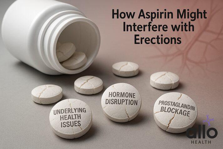 infographic of tipped aspirin bottle with cracked pills labeled prostaglandin blockage, hormone disruption, and underlying health issues, explaining risks of aspirin dosage for erectile dysfunction.