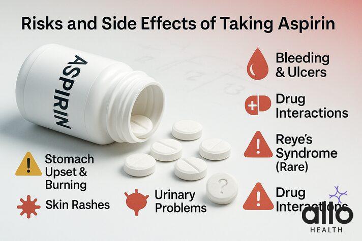 Infographic of aspirin bottle with caution icons for stomach irritation, bleeding, drug interactions, and Reye’s syndrome, highlighting safety concerns of aspirin dosage for erectile dysfunction.