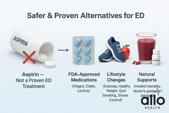 infographic comparing aspirin with proven alternatives: ED medications, lifestyle changes, and natural supports, contrasting aspirin dosage for erectile dysfunction with safer treatments.