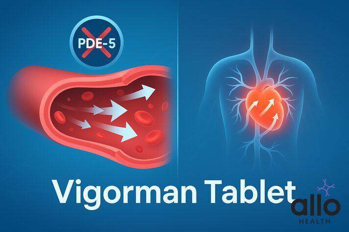 vigorman tablet uses in hindi – पीडीई-5 एंजाइम को ब्लॉक करते हुए ब्लड वेसल का 3D क्रॉस-सेक्शन और बेहतर रक्त संचार दिखाता मेडिकल इन्फोग्राफिक।