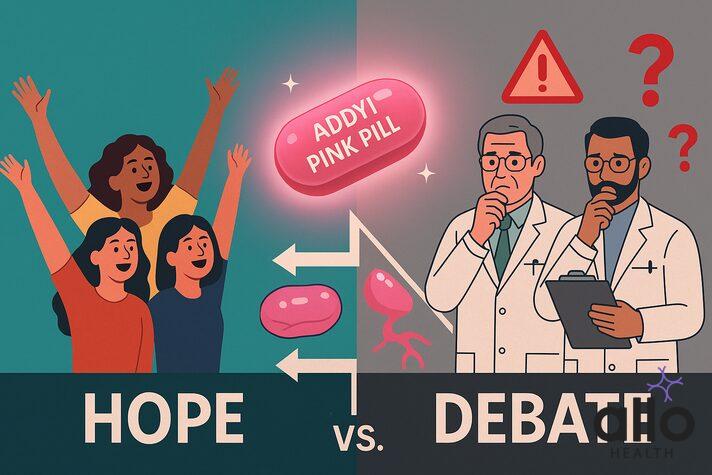 What Is the Pink Pill for Erectile Dysfunction? Usage and Effectiveness 3 Split infographic of pink sex pill for women labeled Addyi, women celebrating on one side and doctors debating on the other.