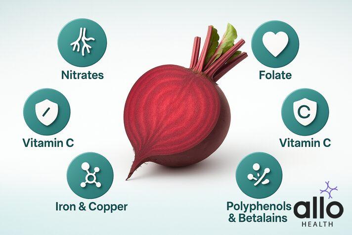 Infographic of nutrients in beets for erectile dysfunction showing nitrates, folate, vitamin C, iron, copper, polyphenols, and betalains around a sliced beetroot.