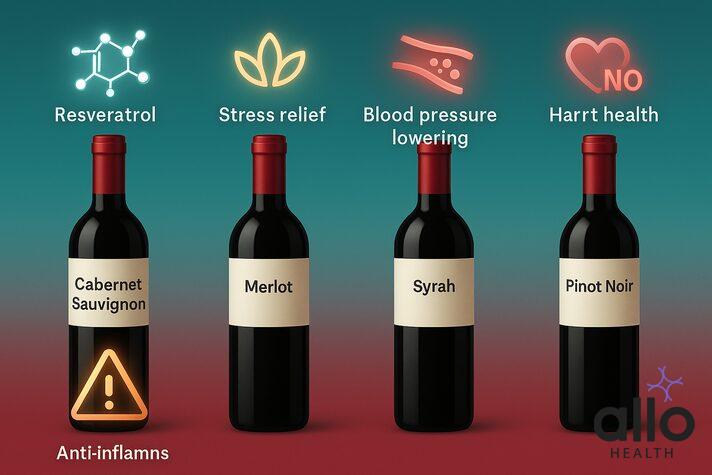 Best red wine for erectile dysfunction varieties shown as Cabernet Sauvignon, Merlot, Syrah, and Pinot Noir with health benefit icons.