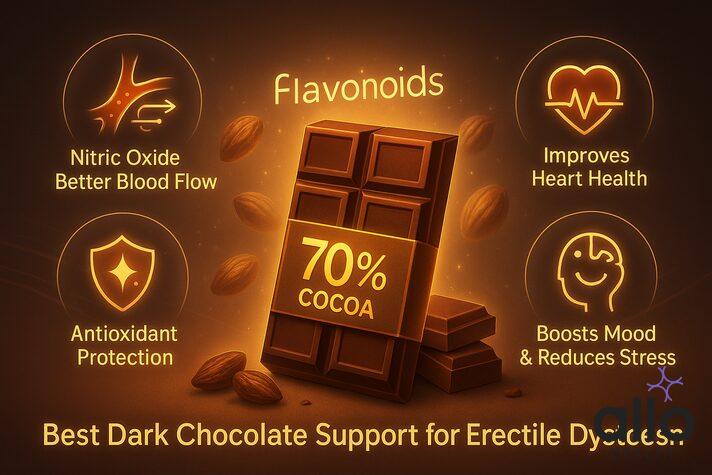 Infographic showing the best dark chocolate for erectile dysfunction with 70% cocoa, flavonoids, and benefits like nitric oxide for blood flow, heart health, antioxidants, and mood support.