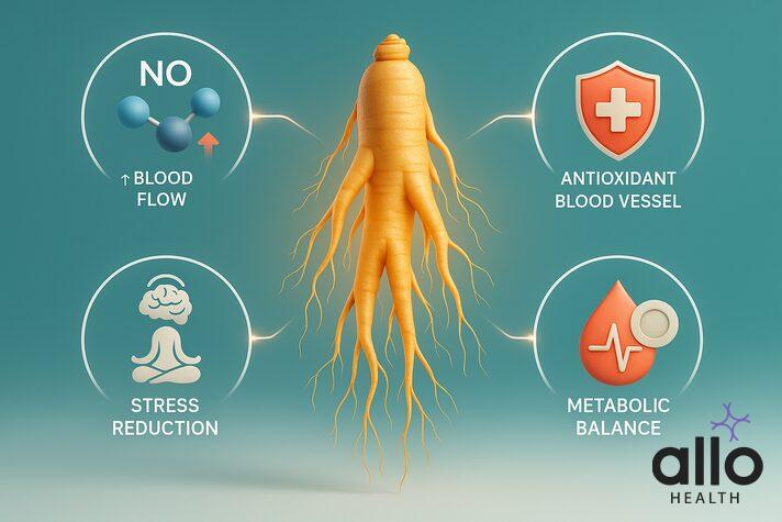 Infographic showing how ginseng for erectile dysfunction works through blood flow, antioxidants, stress relief, and metabolism.