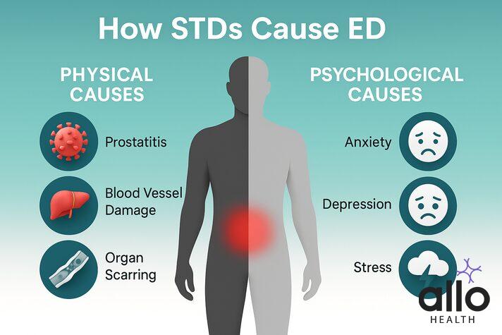 Split infographic of physical causes (prostatitis, vessel damage, organ scarring) and psychological causes (anxiety, depression, stress) explaining can stds cause ed.