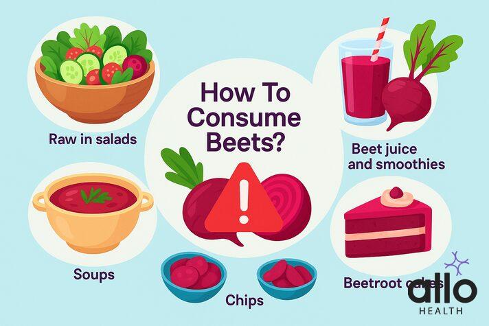 Colorful infographic showing how to consume beets for erectile dysfunction with illustrations of salads, beet juice, soups, chips, and beetroot cakes.
