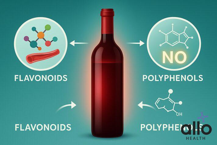 Infographic of best red wine for erectile dysfunction showing flavonoids and polyphenols benefits with nitric oxide and artery icons.