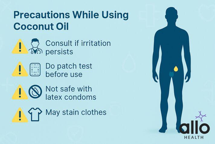 Medical infographic explaining precautions of ling par nariyal tel lagane ke fayde with icons: consult doctor if irritation persists, do patch test, not safe with latex condoms, may stain clothes.