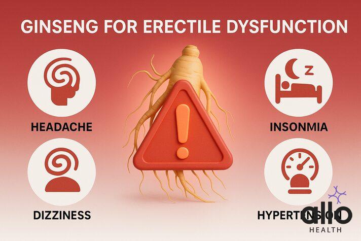 Infographic showing side effects and risks of ginseng for erectile dysfunction, including headache, insomnia, dizziness, stomach pain, and hypertension