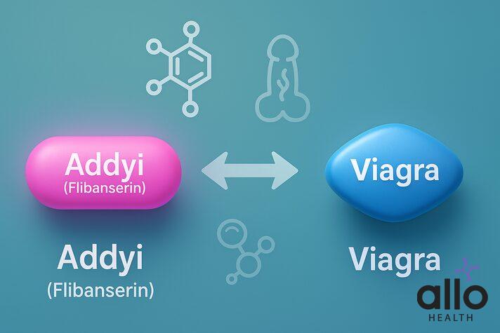 What Is the Pink Pill for Erectile Dysfunction? Usage and Effectiveness 2 Comparison infographic showing pink sex pill for women (Addyi) vs blue Viagra pill with brain vs blood flow icons.