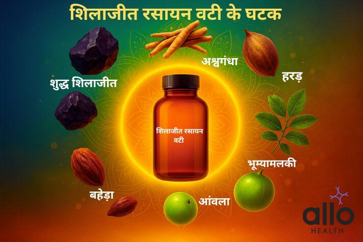 शिलाजीत रसायन वटी क्या है? फायदे, खुराक और नुकसान 2 Shilajit Rasayan Vati ke ghataak – Shuddh Shilajit, Ashwagandha, Amla, Harad, Baheda, Bhumi Amla.