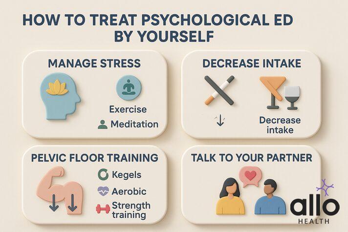Infographic on how to treat psychological ED by yourself: manage stress (exercise, meditation), decrease alcohol and smoking, do pelvic floor training (kegels, aerobic, strength), and talk to your partner.