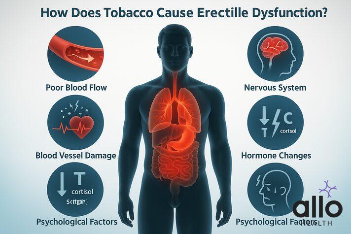 Medical infographic showing how tobacco cause erectile dysfunction with icons for poor blood flow, blood vessel damage, cardiovascular strain, nervous system disruption, hormone changes, and psychological factors.