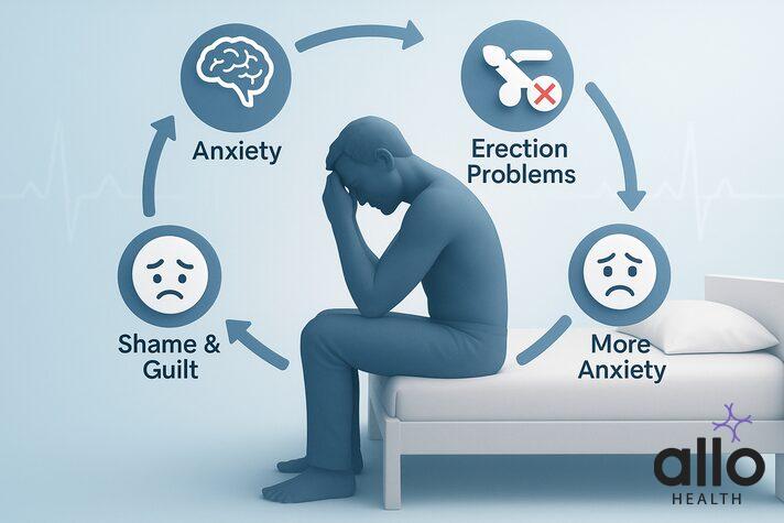 Psychological Therapy for ED: Healing the Mind to Heal the Body 1 Infographic showing the cycle of psychological erectile dysfunction. A man sits on a bed with his head in his hands. Circular arrows illustrate the loop: Anxiety ,Erection Problems , More Anxiety , Shame & Guilt , back to Anxiety."